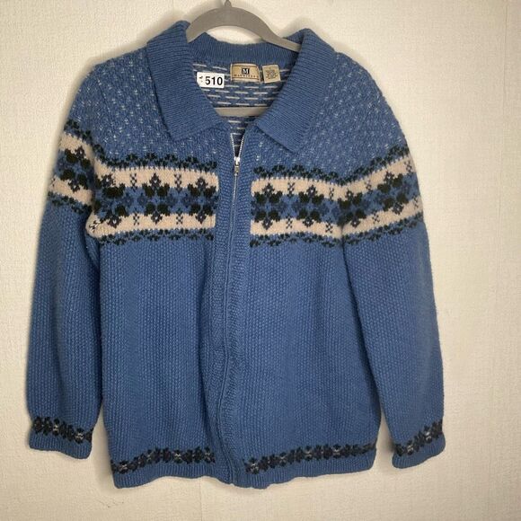 Vintage Maurices‎ Sweater Men's Large 100% Shetland Wool Blue Zip Up Grandpacore - Picture 1 of 9